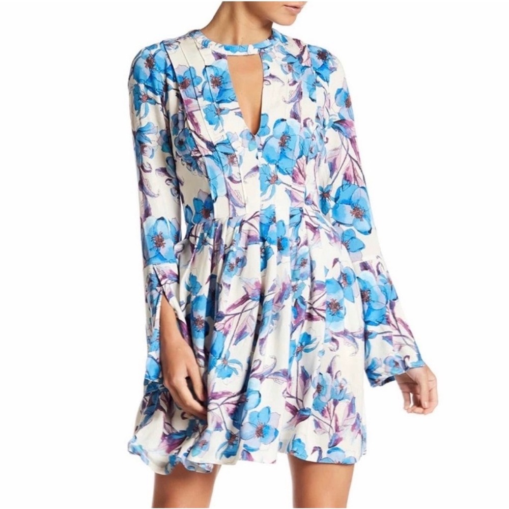 Free People Tegan Long Sleeve Bell Sleeve Mini Dress In Blue Floral Size 0 Boho